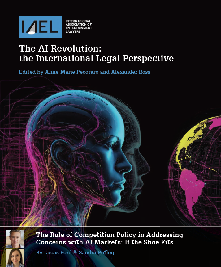 This image is the front cover of the book The AI Revolution: the International Legal Perspective. It depicts an AI generated human profile.